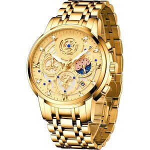 Men Gold Luxury Diamond Business Dress Watch Luminous Waterproof Steel Strap